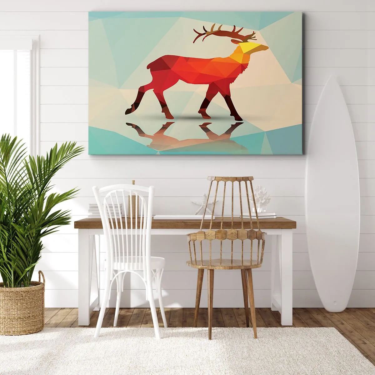 Tablou pe pânză Canvas - Siluetă geometrică a unui cerb în nuanțe de roșu și portocaliu - 70x50cm - Cerb geometric - Decorațiune modernă pentru perete pentru living și dormitor ARTTOR