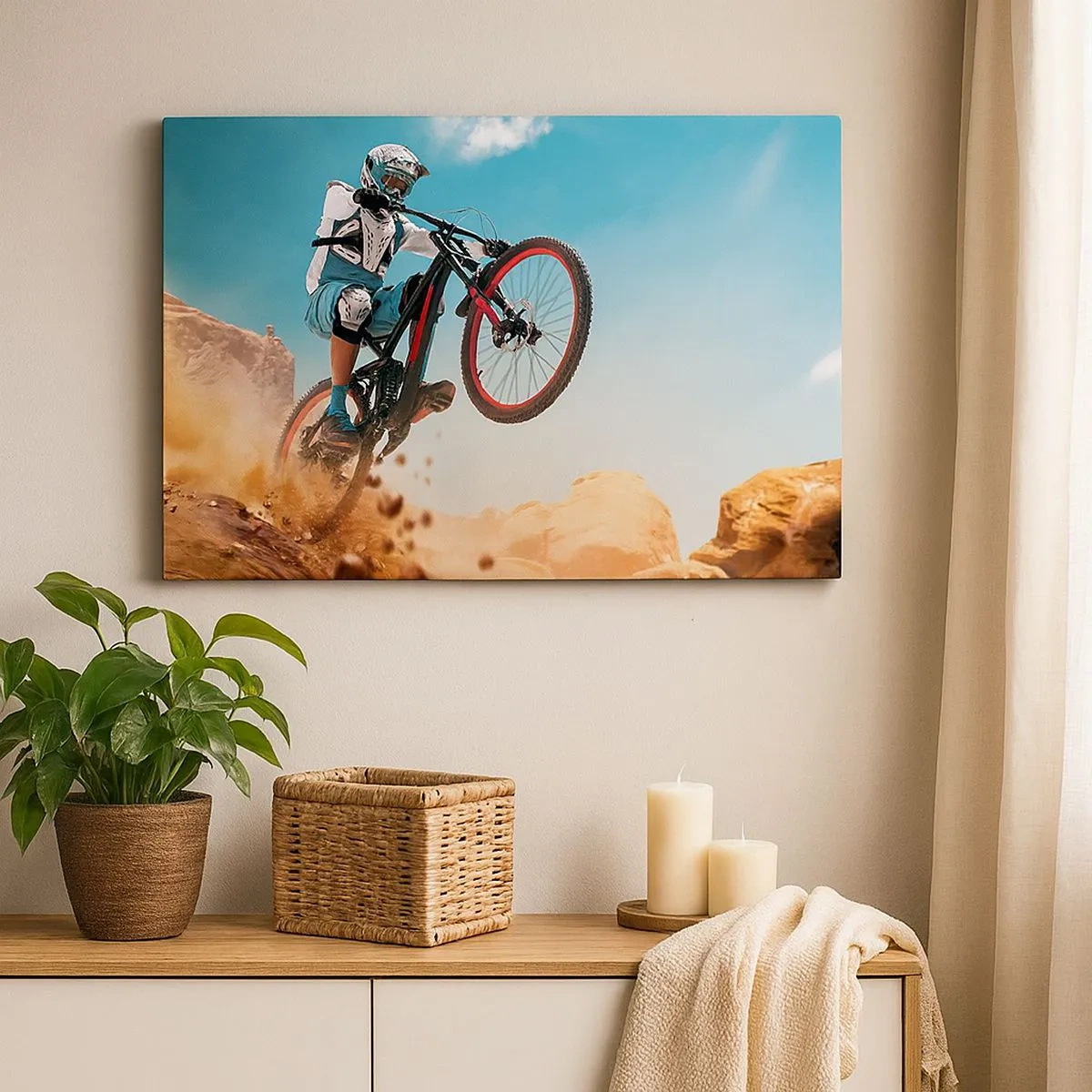 Tablou pe pânză Canvas - Un ciclist de munte execută o săritură pe un fundal de stânci - 70x50cm - Nebunia demonului bicicletei - Decorațiune modernă pentru perete pentru living și dormitor ARTTOR