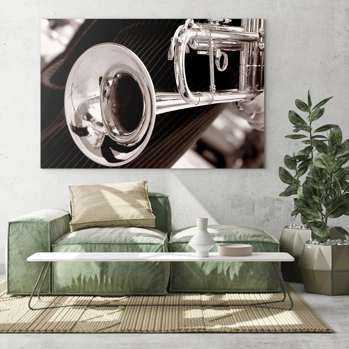 Tablou pe sticlă - Trompetă argintie pe un fundal cu dungi sepia - 70x50cm - O călătorie muzicală în anii `30 - Decorațiune modernă pentru perete pentru living și dormitor ARTTOR