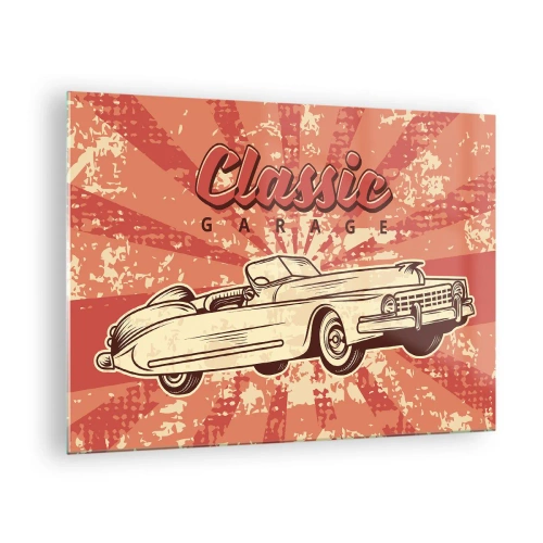 Tablou pe sticlă - Grafică retro a unei mașini clasice pe un fundal de raze - 70x50cm - Și la radio Elvis - Decorațiune modernă pentru perete pentru living și dormitor ARTTOR