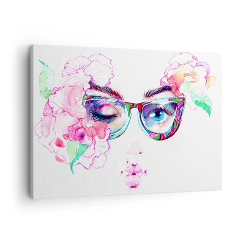 Tablou pe pânză Canvas - Față în acuarelă cu ochelari colorați și flori - 70x50cm - O promisiune ispititoare - Decorațiune modernă pentru perete pentru living și dormitor ARTTOR