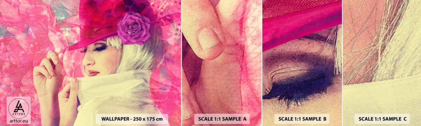 Mostră de Tapet Standard Eco - Portret retro în roz - Femeie În pălărie, Flori, Modă - 100x30 cm