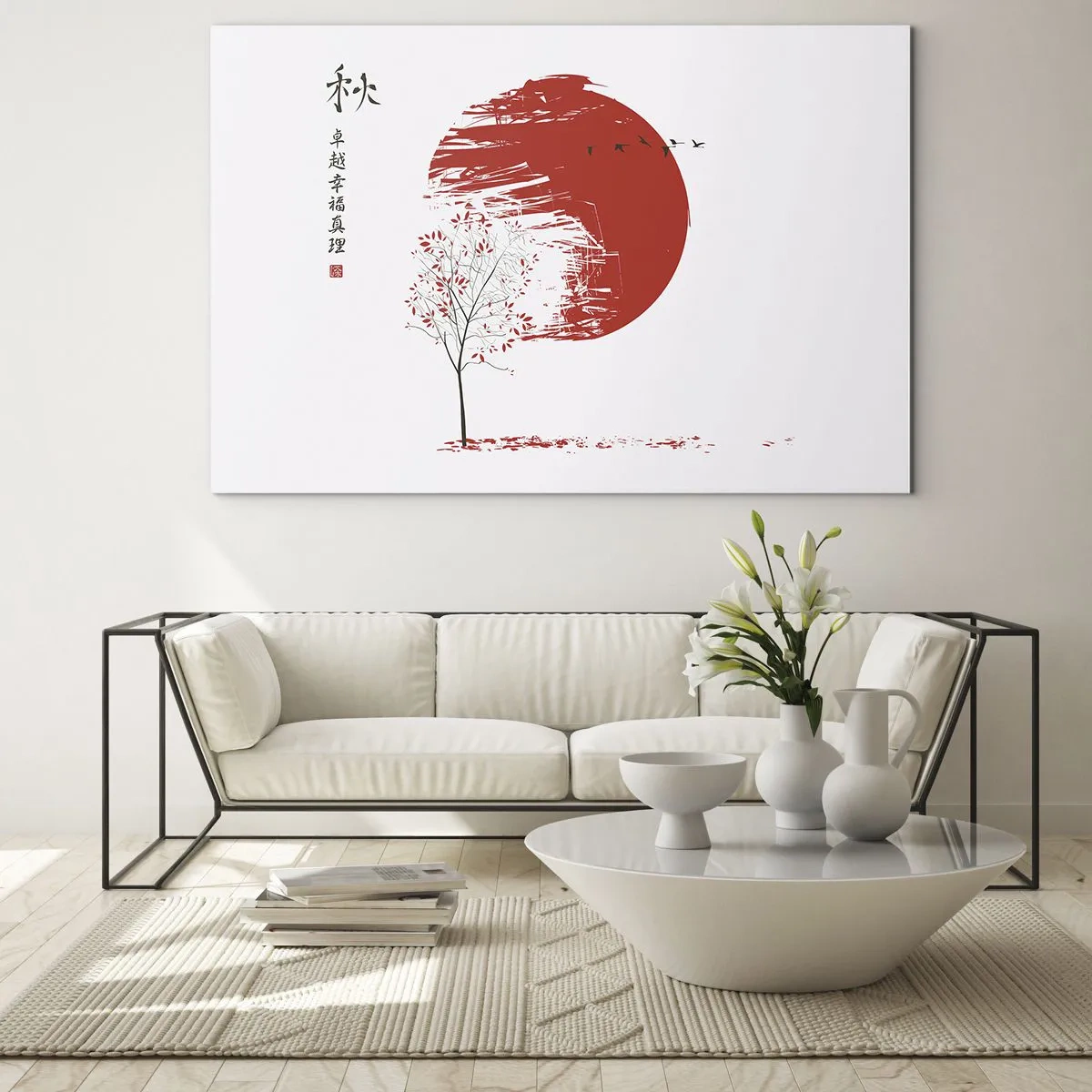 Tablou pe sticlă - Cerc roșu și copac în stil oriental - 70x50cm - Cunoști această țară? - Decorațiune modernă pentru perete pentru living și dormitor ARTTOR