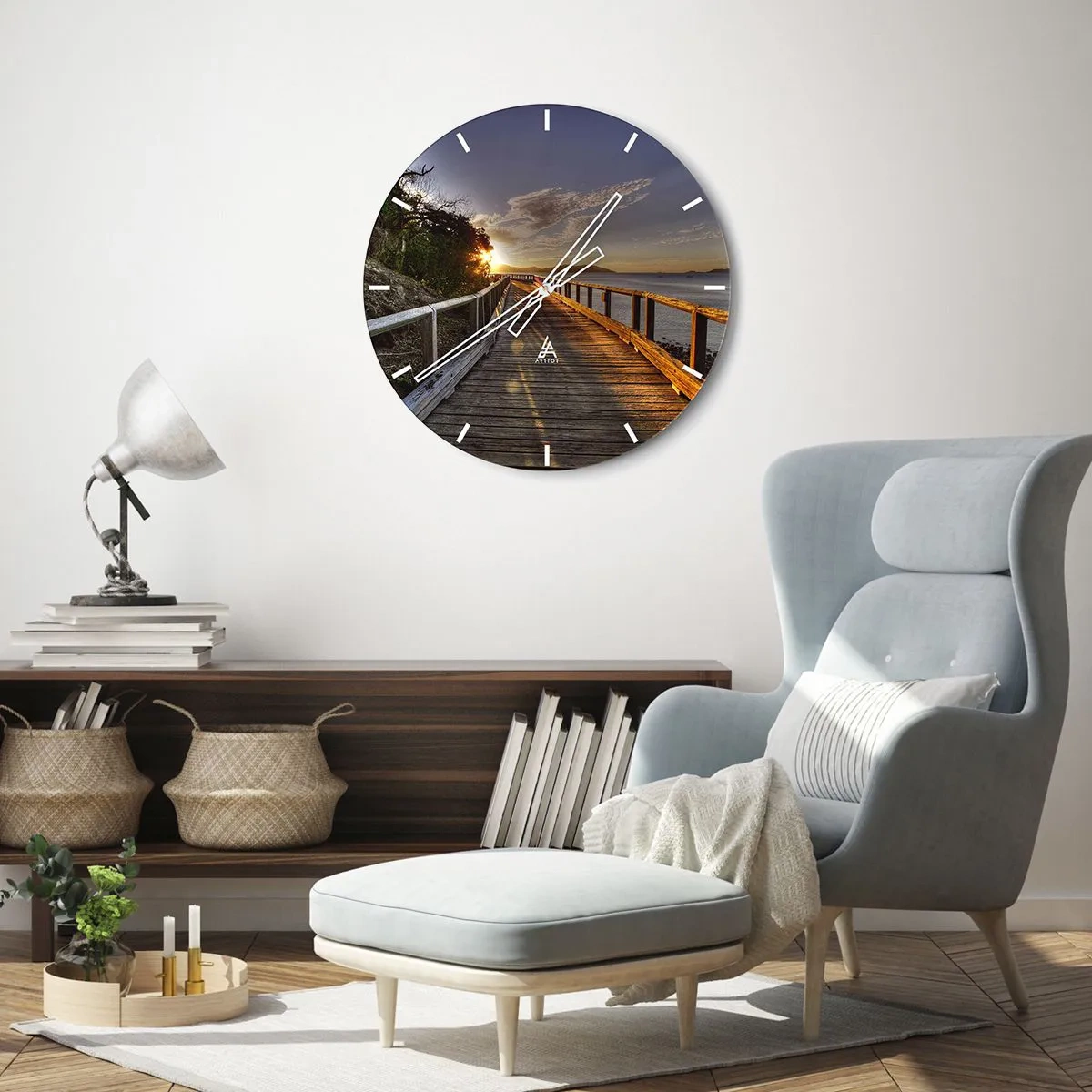 Ceas de perete - Ceas pe sticlă - Un dig peste apă la apus - 30x30cm - Să mergem spre soare - Decorațiune modernă pentru perete pentru living, bucătărie și dormitor ARTTOR