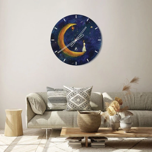 Ceas de perete - Ceas pe sticlă - O figură pe lună pe un cer nocturn de basm cu un felinar - 30x30cm - Chemarea lumii - Decorațiune modernă pentru perete pentru living, bucătărie și dormitor ARTTOR