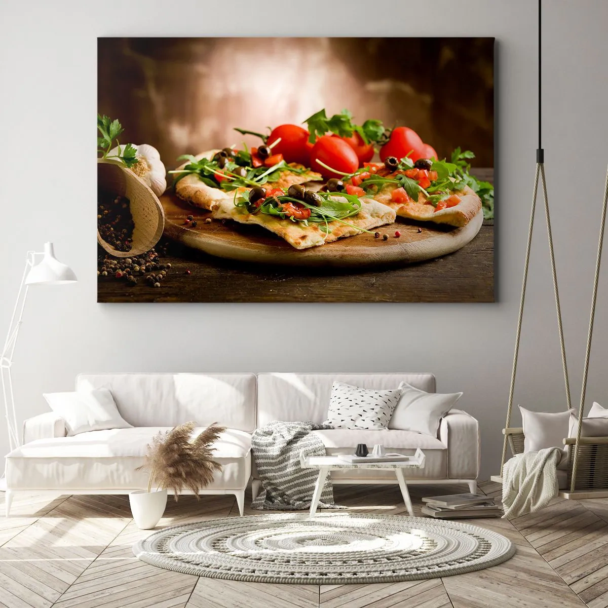 Tablou pe pânză Canvas - Pizza cu legume pe o placă de lemn în stil rustic - 70x50cm - Direct din cuptor și din grădină - Decorațiune modernă pentru perete pentru living și dormitor ARTTOR