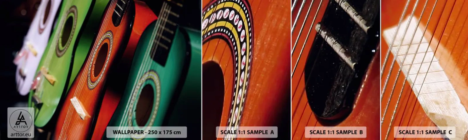 Mostră tapet autocolant Deluxe Sticker - Chitara are multe culori - Muzică, Chitară, Un instrument muzical - 100x30 cm