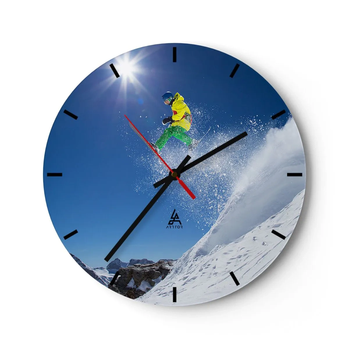 Ceas de perete - Ceas pe sticlă - Un schior executând o săritură cu munți în fundal - 30x30cm - Dansând cu munții - Decorațiune modernă pentru perete pentru living, bucătărie și dormitor ARTTOR