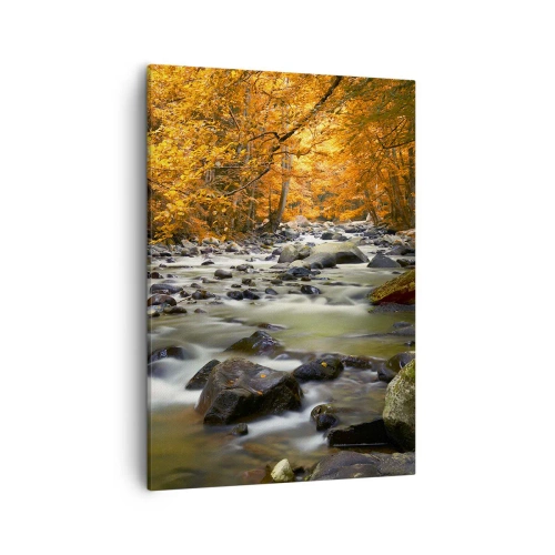 Tablou pe pânză - Un pârâu într-o pădure de aur - 50x70 cm