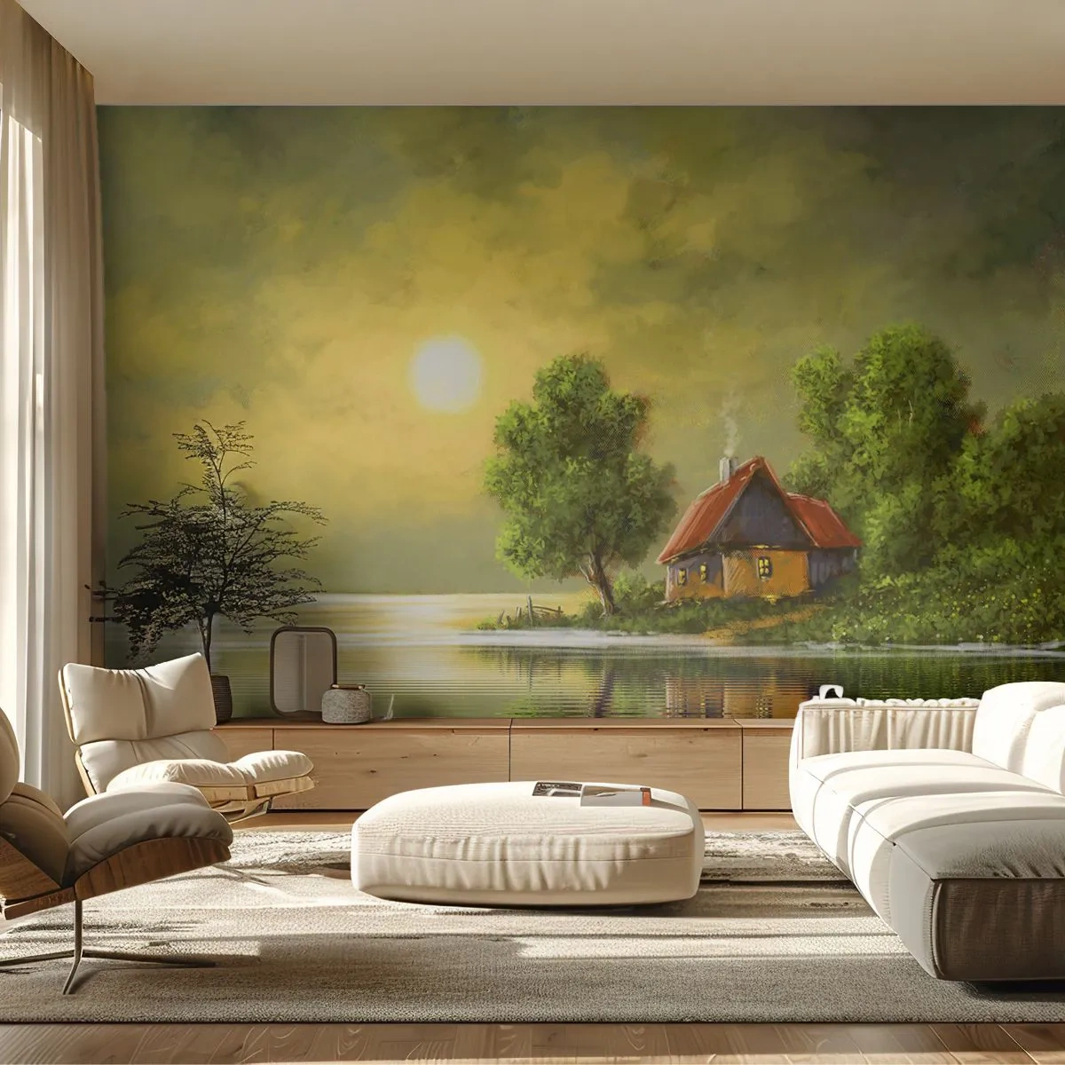 Tapet Premium Sand - Frumos, ca dintr-o imagine - Peisaj, Casa la tara, Barcă cu pânze - 350x256 cm