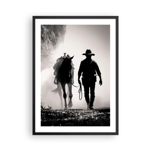 Poster în ramă neagră - Silueta unui cowboy cu calul său în ceața dimineții - 50x70cm - Texas de dimineața - Decorațiune modernă pentru perete pentru living și dormitor ARTTOR