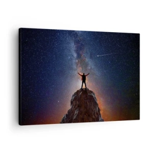 Tablou pe pânză Canvas - O figură pe vârful unui munte sub un cer înstelat - 70x50cm - Puterea este cu mine! - Decorațiune modernă pentru perete pentru living și dormitor ARTTOR