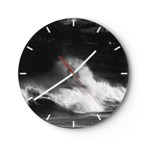 Ceas de perete - Ceas pe sticlă - Un surfer pe un val într-o compoziție alb-negru - 30x30cm - Provocare acceptată! - Decorațiune modernă pentru perete pentru living, bucătărie și dormitor ARTTOR