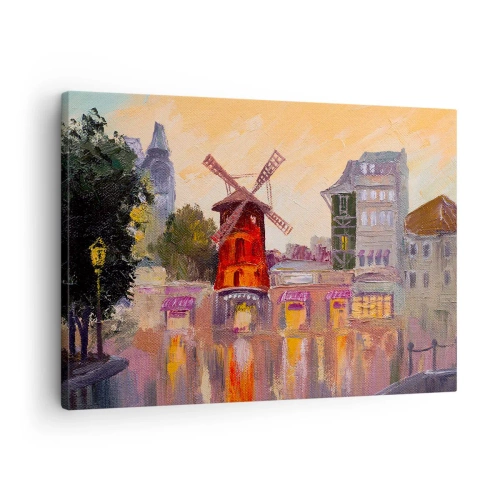 Tablou pe pânză Canvas - Moara de vânt roșie a Moulin Rouge înconjurată de peisajul urban - 70x50cm - Icoane pariziene - Moulin Rouge - Decorațiune modernă pentru perete pentru living și dormitor ARTTOR