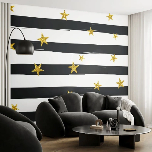 Tapet Premium Sand - Cu toții ne-am născut sub o stea norocoasă - Grafică, Stea de aur, dungi albe și negre - 100x70 cm