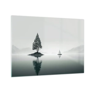 Tablou pe sticlă - Un copac singuratic pe o insulă și o barcă cu pânze pe un lac liniștit - 70x50cm - Visând cu ochii deschiși - Decorațiune modernă pentru perete pentru living și dormitor ARTTOR