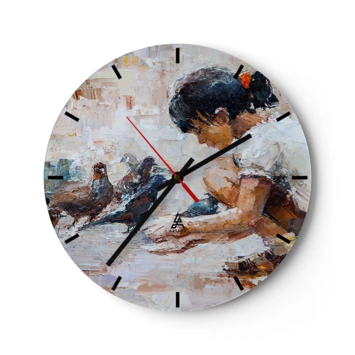 Ceas de perete - Ceas pe sticlă - O fată hrănește porumbei pe un fundal pictat - 30x30cm - Cei mici și cei mai cuminți - Decorațiune modernă pentru perete pentru living, bucătărie și dormitor ARTTOR