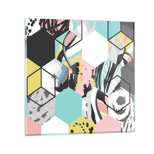 Tablou pe sticlă - Hexagoane și cuburi în șase culori - 50x50 cm