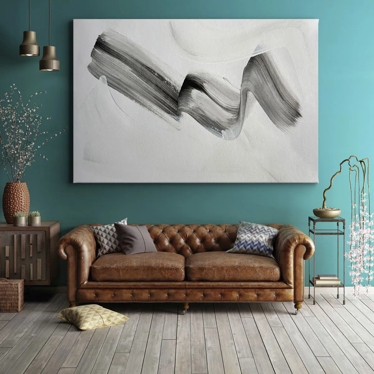 Tablou pe pânză Canvas - tușă de pensulă abstractă alb-negru pe un fundal deschis - 70x50cm - Doar pentru distracție - Decorațiune modernă pentru perete pentru living și dormitor ARTTOR
