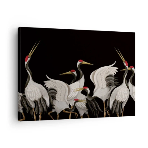 Tablou pe pânză Canvas - Macarale albe cu accente roșii pe fundal negru - 70x50cm - Problemele importante ale păsărilor - Decorațiune modernă pentru perete pentru living și dormitor ARTTOR