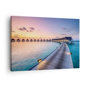 Tablou pe pânză Canvas - Digul care duce la căsuțele de pe malul apei la apus - 70x50cm - Vacanță - înapoi la sursă - Decorațiune modernă pentru perete pentru living și dormitor ARTTOR