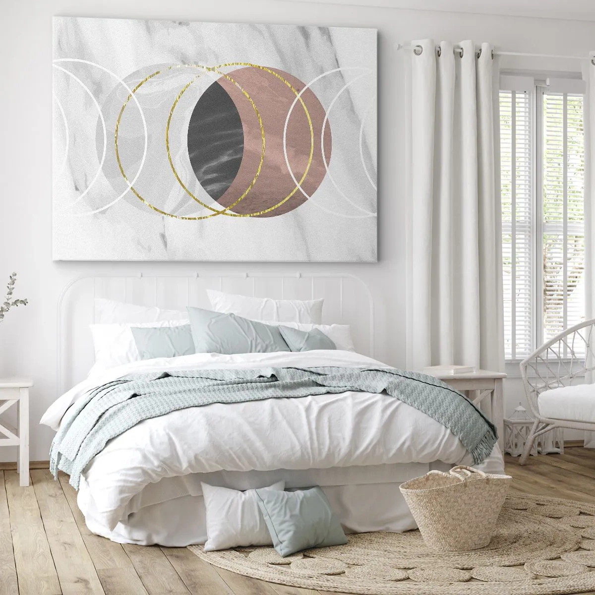 Tablou pe pânză Canvas - Compoziție geometrică abstractă cu cercuri și detalii metalice - 70x50cm - Muzica sferelor - Decorațiune modernă pentru perete pentru living și dormitor ARTTOR