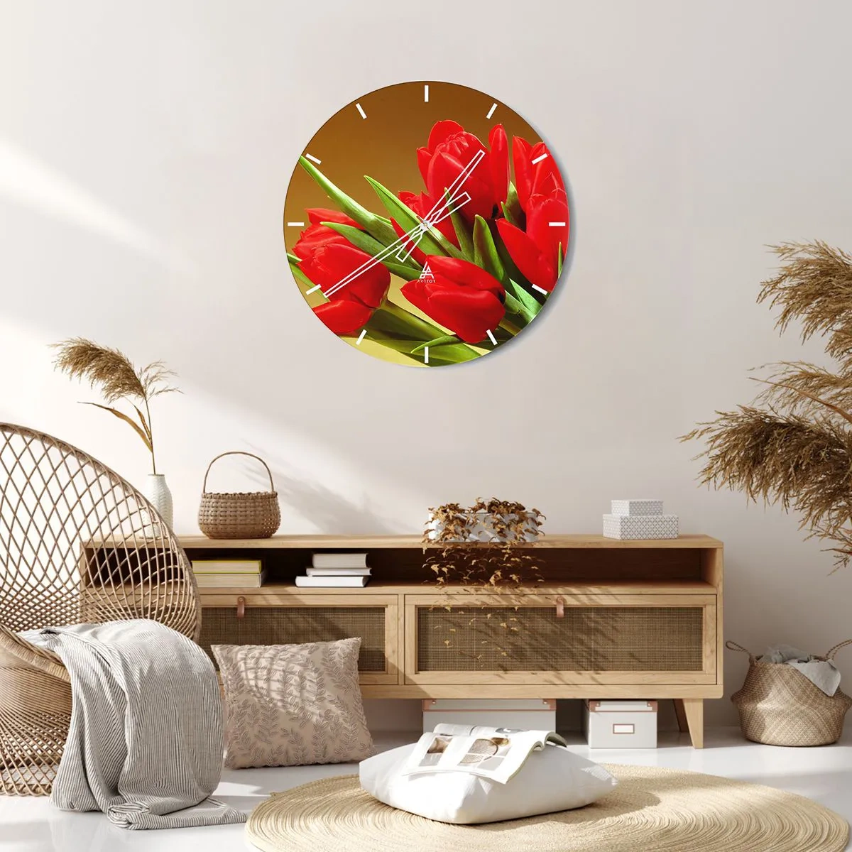 Ceas de perete - Ceas pe sticlă - Un buchet de lalele roșii pe un fundal auriu - 30x30cm - O explozie de bucurie de primăvară - Decorațiune modernă pentru perete pentru living, bucătărie și dormitor ARTTOR
