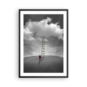 Poster în ramă neagră - Un bărbat stând lângă o scară care duce spre nori - 50x70cm - Orice este posibil - Decorațiune modernă pentru perete pentru living și dormitor ARTTOR