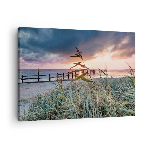 Tablou pe pânză Canvas - Plajă la apus cu ierburi în prim-plan - 70x50cm - Nu trece cu vântul - Decorațiune modernă pentru perete pentru living și dormitor ARTTOR