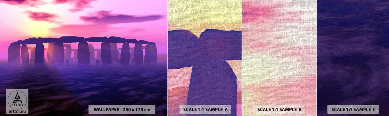 Mostră tapet Premium Canvas - Mister în zori de zi în ceață - Arhitectură, Stonehenge, Cercuri de piatră - 100x30 cm