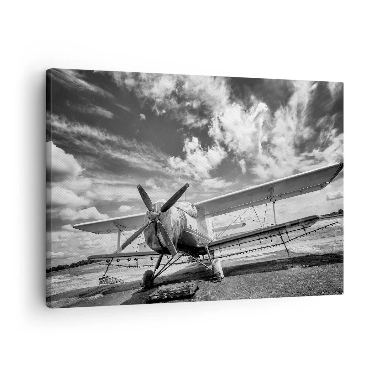 Tablou pe pânză Canvas - Un avion vechi la aeroport, în alb și negru - 70x50cm - Abia aștept! - Decorațiune modernă pentru perete pentru living și dormitor ARTTOR