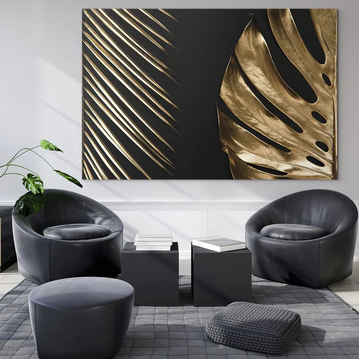 Tablou pe sticlă - Frunze de palmier aurii și monstera pe fundal negru - 70x50cm - Diferite și la fel de scumpe - Decorațiune modernă pentru perete pentru living și dormitor ARTTOR