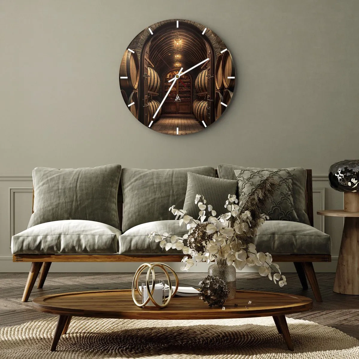 Ceas de perete - Ceas pe sticlă - Butoaie de lemn într-o pivniță de vinuri luminată - 30x30cm - Beciul cu atmosferă - Decorațiune modernă pentru perete pentru living, bucătărie și dormitor ARTTOR