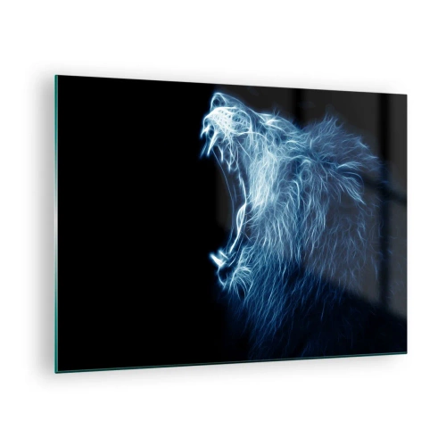 Tablou pe sticlă - O reprezentare neon izbitoare a unui leu care răcnește pe un fundal negru. - 70x50cm - Mânia înflăcărată a regelui - Decorațiune modernă pentru perete pentru living și dormitor ARTTOR