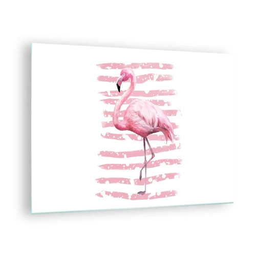 Tablou pe sticlă - Un flamingo roz pe un fundal de dungi roz artistice. - 70x50cm - Cu demnitate, chiar dacă în roz - Decorațiune modernă pentru perete pentru living și dormitor ARTTOR