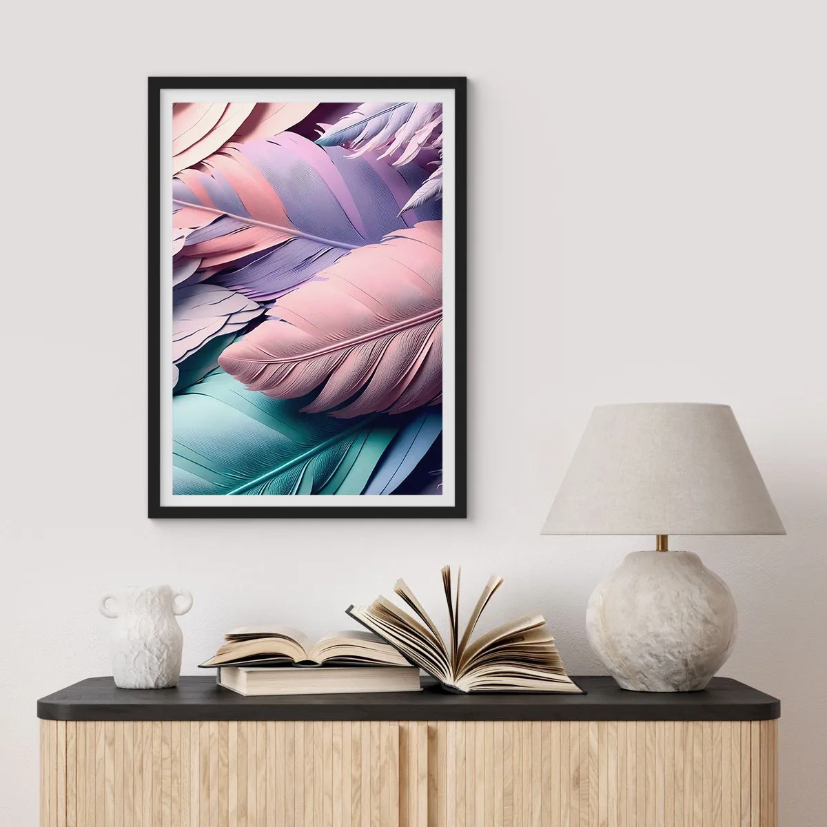 Poster în ramă neagră - Pene pastelate în nuanțe delicate - 50x70cm - Eleganța păsărilor - Decorațiune modernă pentru perete pentru living și dormitor ARTTOR