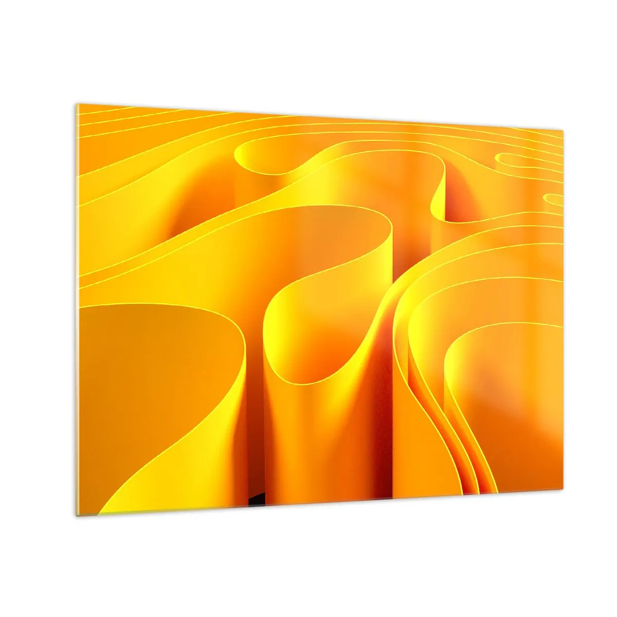 Tablou pe sticlă - Valuri abstracte în nuanțe de auriu și portocaliu - 70x50cm - Ca niște valuri de soare - Decorațiune modernă pentru perete pentru living și dormitor ARTTOR