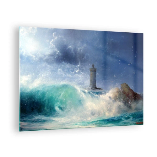 Tablou pe sticlă - Un far printre valurile agitate ale oceanului - 70x50cm - La veghe împotriva elementelor - Decorațiune modernă pentru perete pentru living și dormitor ARTTOR