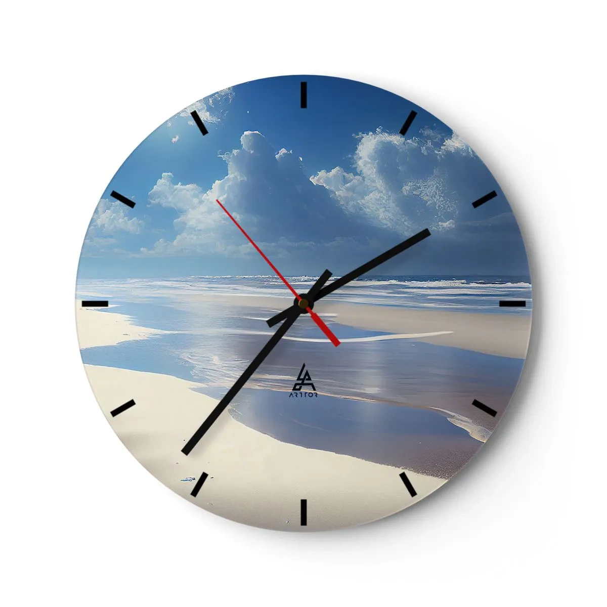 Ceas de perete - Ceas pe sticlă - Plajă goală în lumina soarelui cu cer albastru și valuri - 30x30cm - Vacanță în paradis - Decorațiune modernă pentru perete pentru living, bucătărie și dormitor ARTTOR
