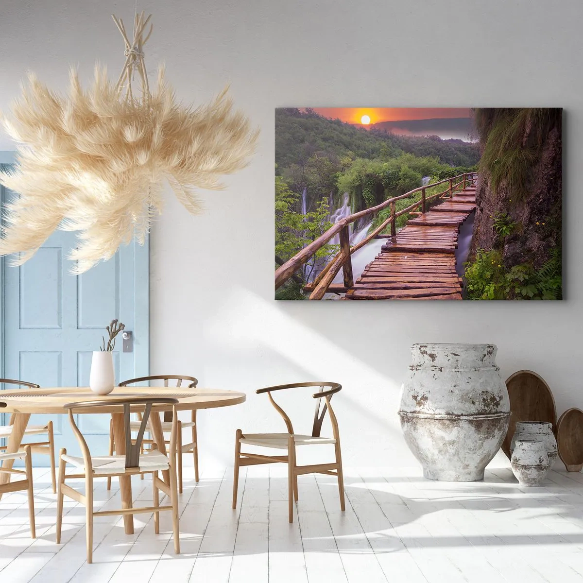 Tablou pe pânză Canvas - Un pod cu vedere la cascade la apus - 70x50cm - Frumusețe de necrezut - Decorațiune modernă pentru perete pentru living și dormitor ARTTOR