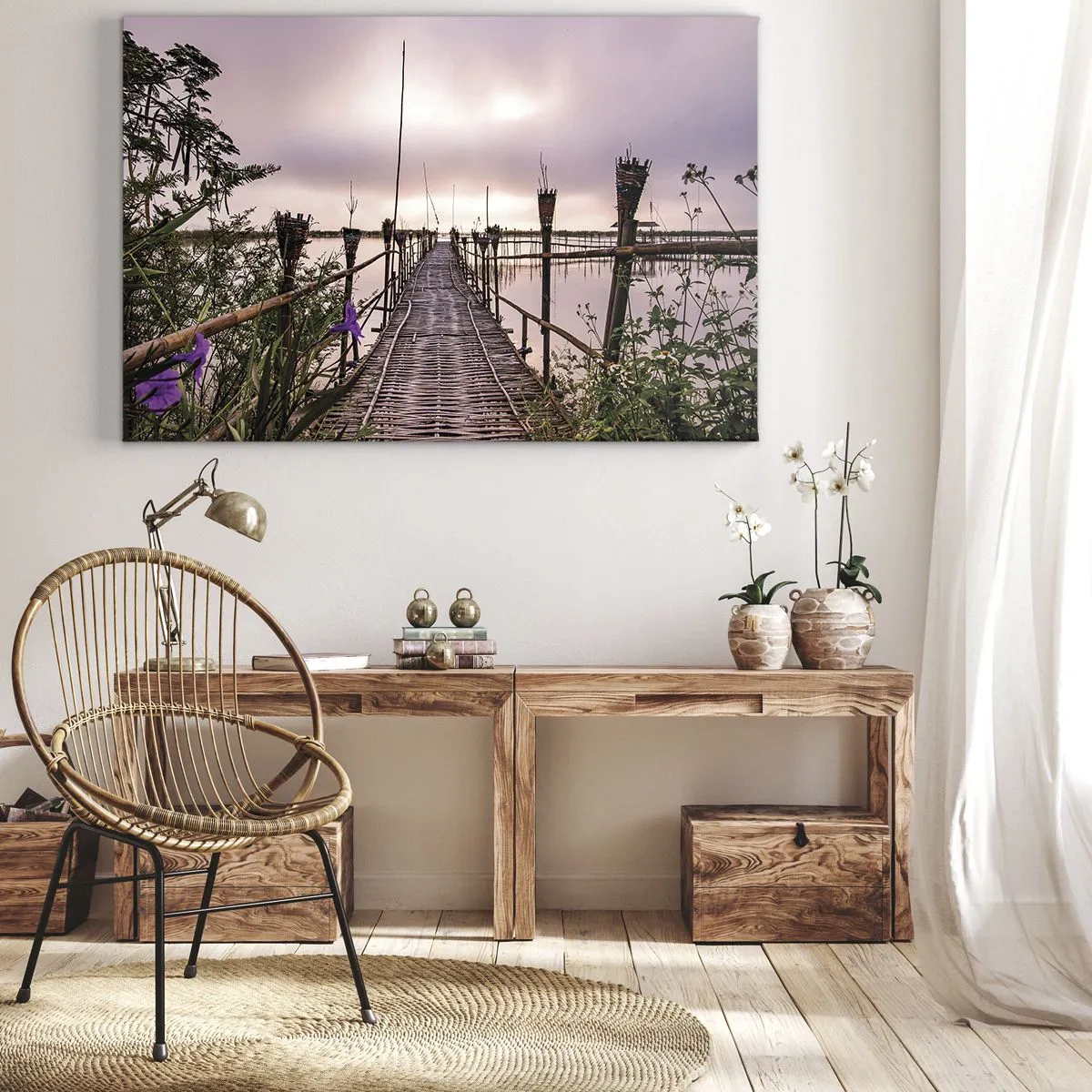 Tablou pe pânză Canvas - Pod de bambus peste apă în zori - 70x50cm - Pacea și liniștea Asiei - Decorațiune modernă pentru perete pentru living și dormitor ARTTOR