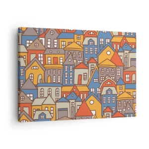 Tablou pe pânză Canvas - Case colorate într-un stil grafic pe un fundal deschis - 70x50cm - În spatele casei - Decorațiune modernă pentru perete pentru living și dormitor ARTTOR