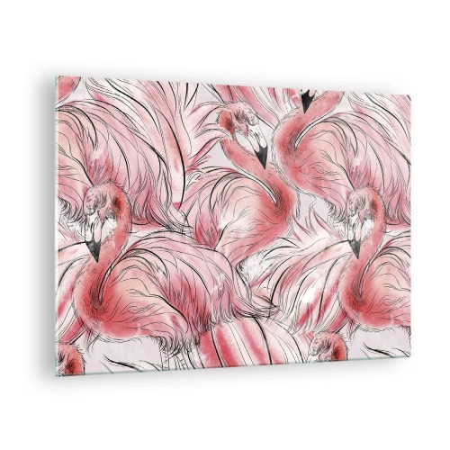 Tablou pe sticlă - Flamingi roz într-un stil decorativ de desene animate - 70x50cm - Corpul de balet al păsărilor - Decorațiune modernă pentru perete pentru living și dormitor ARTTOR