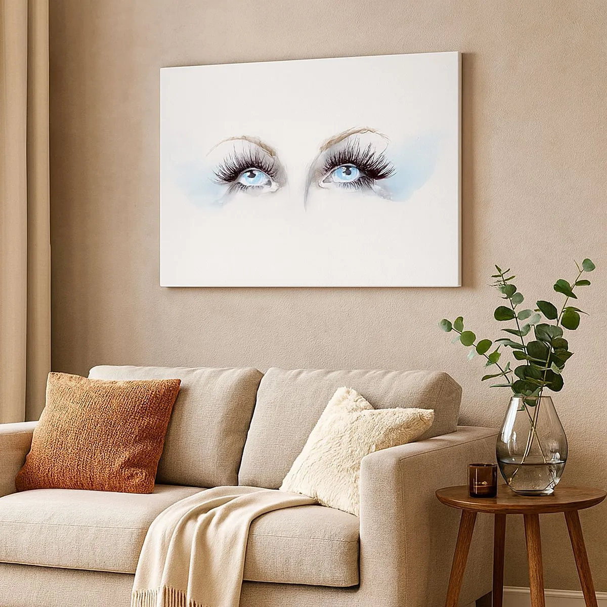 Tablou pe pânză Canvas - Acuarelă cu ochi albaștri și accente delicate - 70x50cm - Ochii unui înger? - Decorațiune modernă pentru perete pentru living și dormitor ARTTOR