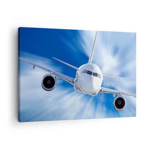 Tablou pe pânză Canvas - Un avion de pasageri în mișcare pe cer - 70x50cm - Mai repede decât vântul pe cer - Decorațiune modernă pentru perete pentru living și dormitor ARTTOR