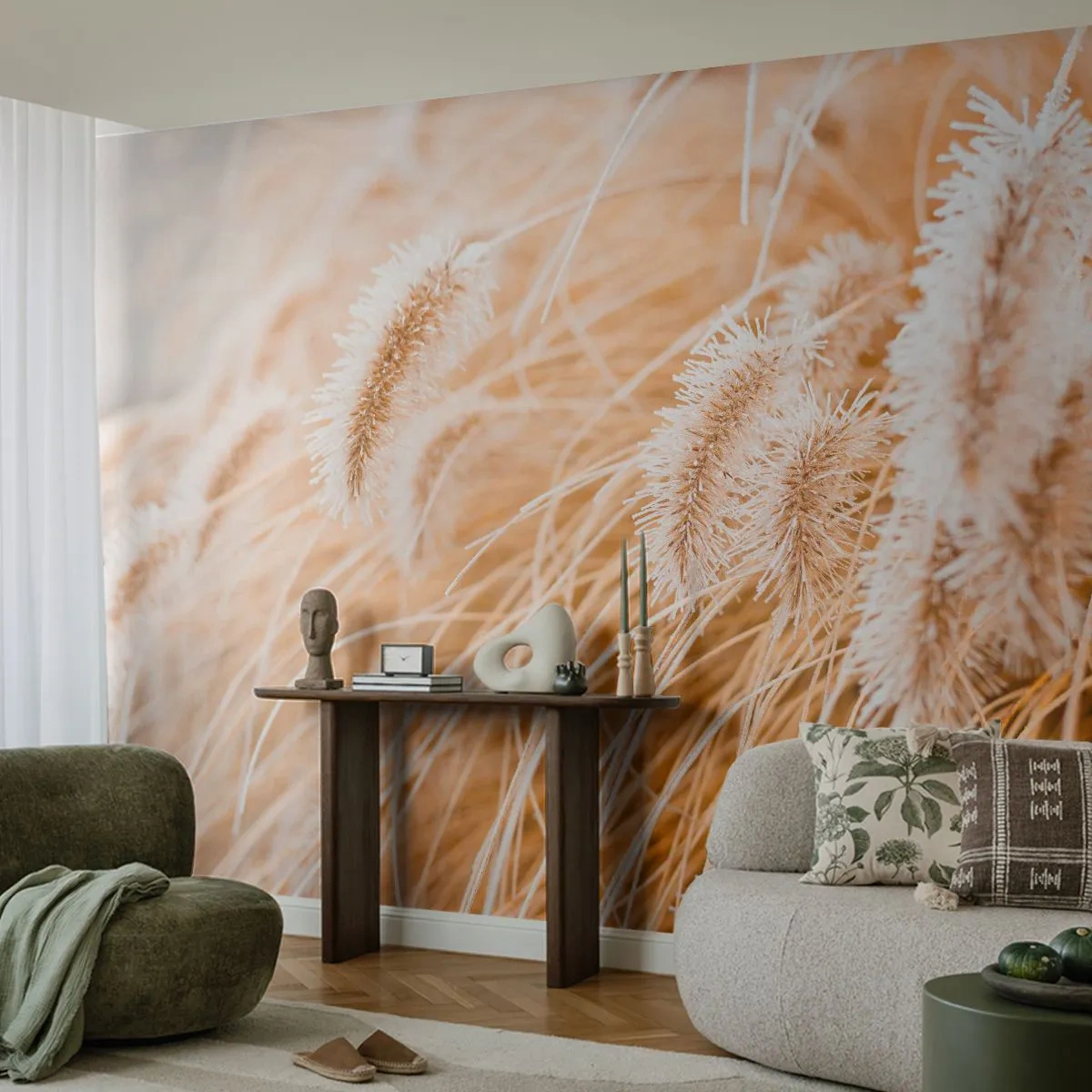 Tapet Premium Sand - Foșnetul auriu al ierburilor - Iarbă de pampas, luncă, Natură - 350x256 cm