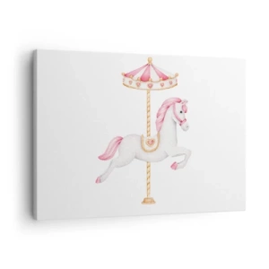 Tablou pe pânză Canvas - Un cal de carusel în nuanțe pastelate de roz - 70x50cm - A pornit la cursă - Decorațiune modernă pentru perete pentru living și dormitor ARTTOR