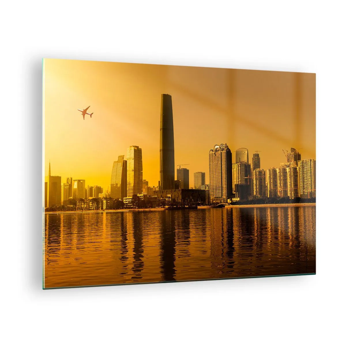 Tablou pe sticlă - Un oraș modern cu zgârie-nori la apus - 70x50cm - Orașul de aur - Decorațiune modernă pentru perete pentru living și dormitor ARTTOR