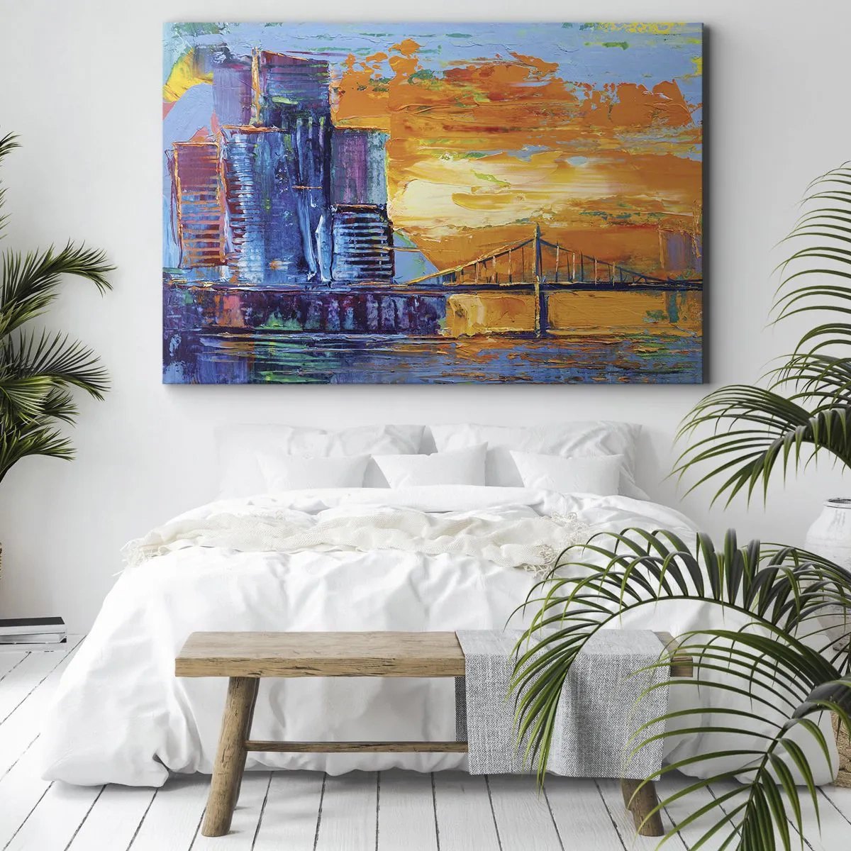 Tablou pe pânză Canvas - Un oraș colorat cu un pod în soarele apus - 70x50cm - Cultură și natură - Decorațiune modernă pentru perete pentru living și dormitor ARTTOR