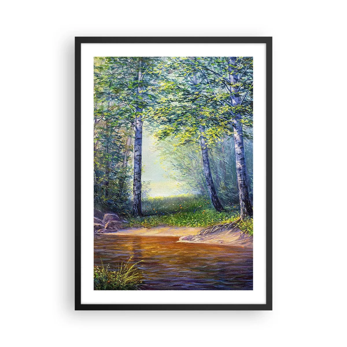 Poster în ramă neagră - O poiană de pădure cu mesteceni și un pârâu în razele soarelui - 50x70cm - Cadru idilic - Decorațiune modernă pentru perete pentru living și dormitor ARTTOR